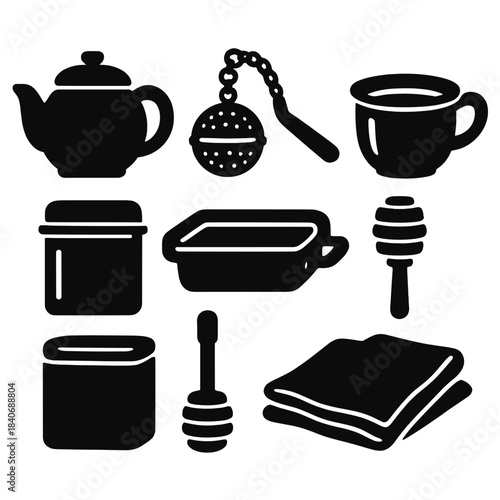 Bold Tea Accessories Icons. Tea accessories silhouette set: teapot, infuser ball, tea scoop, strainer cup, tea tin, serving tray, honey dipper, linen cloth.