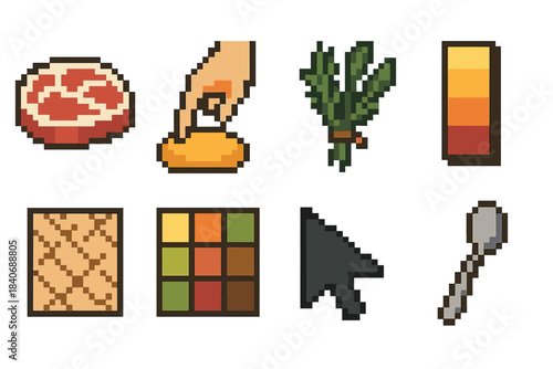 Culinary Icon Set. Culinary Quality Selection pixel style set: marbling indicator, firmness test icon, aromatic herb bundle, vibrant color swatch, texture marker, flavor grid,