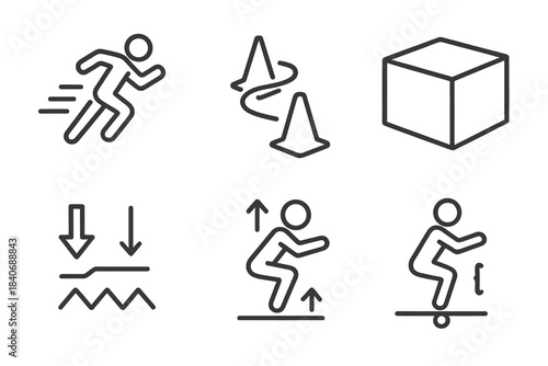Speed Training Icons. Speed & Agility Elements linear set: sprint burst, cone weave, plyo box, reactive arrow, stability line, jump squat outline.