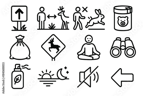Wildlife Etiquette Icons. Outdoor Wildlife Etiquette linear set: stay-on-trail marker, respectful viewing distance, no-chase symbol, bear-safe container, sealed trash bag, wildlife