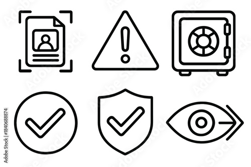 Security Icon Set. Security Integrity Elements linear set: document scan, risk indicator, safe vault icon, confirmation check, safeguard badge, oversight arrow.