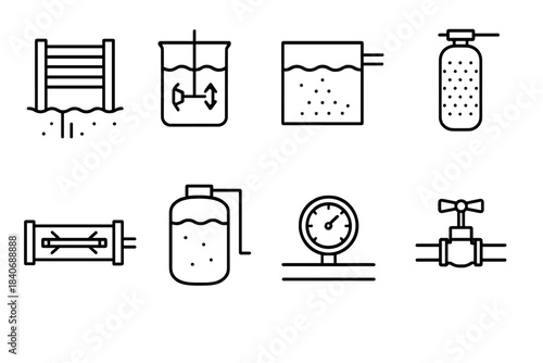 Water Treatment Icons. Clean Water Process Set linear set: intake screen, coagulation jar, sediment chamber, carbon filter, disinfection lamp, treated water tank, pressure meter,