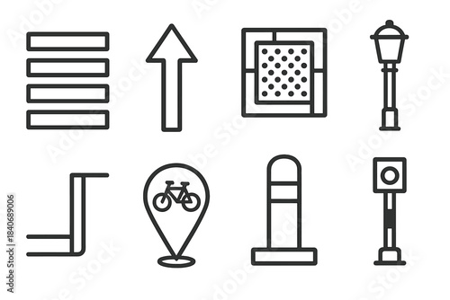 Urban Route Icons. Pedestrian Route Features linear set: zebra stripe panel, guidance arrow, refuge zone tile, textured paving band, street lamp post, curb edge, bike-share marker,
