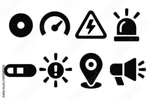 Bold Crisis Icons. Crisis Indicator Icons silhouette set: critical alert dot, risk level meter, hazard flash sign, emergency channel beacon, danger alert bar, warning pulse rays,