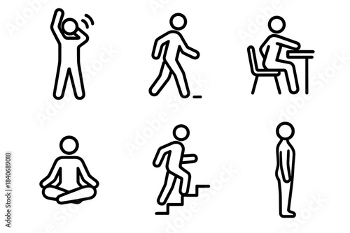 Daily Movement Icons. Daily Movement Routines linear set: morning stretch, light walk icon, desk stretch, stair step, evening unwind pose, posture line.