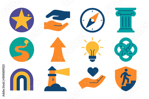 Guiding Symbols. Guidance & Support flat set: guiding star, supportive arm, direction compass, stable pillar, safe path, uplift arrow, clarity glow, trust knot, supportive arc,