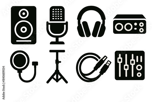 Brutalist Audio Icons. Audio equipment silhouette set: studio monitor, condenser microphone, headphone set, audio interface, mixer console, pop filter, speaker stand, XLR cable.