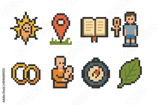 Life Milestones Icons. Life Stage Milestones pixel style set: birth star, first steps marker, learning book, coming-of-age symbol, partnership ring, parenthood icon, midlife