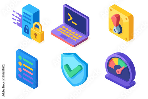Secure Operations Icons. Secure Grid Operations flat isometric set: encrypted data stream, command console, safety interlock switch, event log panel, verification checkmark,
