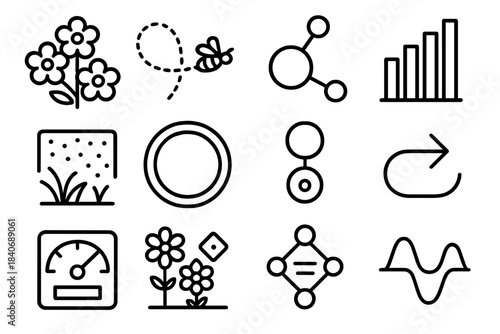 Pollinator Habitat Icons. Pollinator Habitat Dynamics linear set: flower cluster tile, forager route strip, pollen-link node, bloom timing bar, nesting substrate patch, habitat