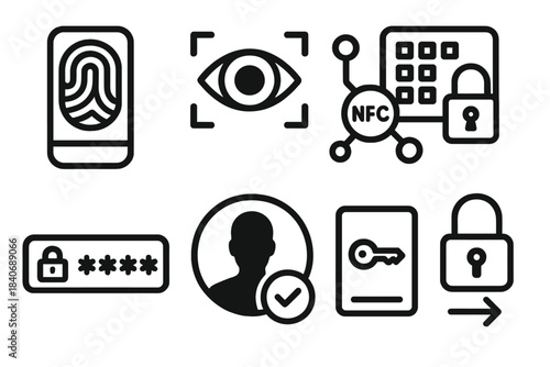 High-Tech Security Icons. Advanced Access Tech Set linear set: fingerprint reader, retina scan tile, NFC tag node, access control panel, secure-login bar, identity verification