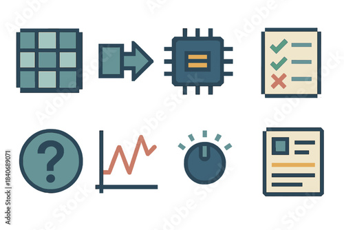 Algorithm Icon Set. Algorithm Module Collection set of icons in flat pixel vector style: dataset tile, transformation step, training engine block, test set sheet, prediction symbol