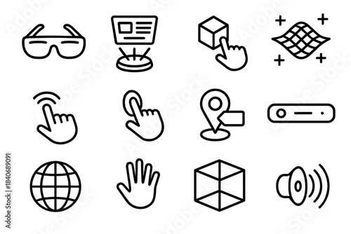 Augmented Reality Tools. Augmented Interaction Tools linear set: AR glasses, hologram panel, mixed-reality cube, spatial mapping grid, virtual pointer, gesture ring, anchored tag