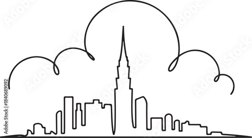 Continuous Line Skyline with Cloud Curves Integrated Minimal Artistic Illustration