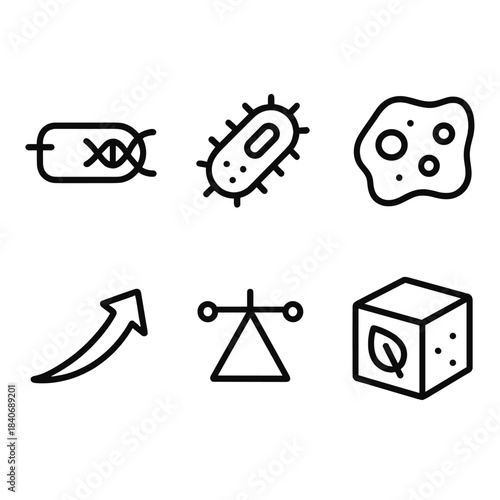 Bio-Material Assembly Icons. Synthetic Bio-Material Assembly linear set: genetic circuit tag, modular microbe unit, structural biogel patch, metabolic flux arrow, stability