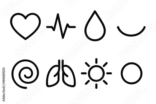 Emotional Icons Design. Emotional Spectrum linear set: soft heart, rising pulse line, gentle tear drop, calm smile arc, thoughtful swirl, steady breath shape, warm glow orb,