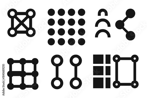 Symmetrical Icon Set. Material pattern symmetry silhouette set: unit cell tile, lattice node, symmetry arc bar, molecular arrangement icon, structure motif strip, alignment tile,