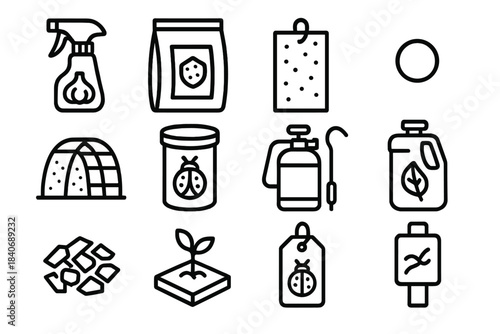 Eco Pest Control Tools. Eco-Friendly Pest Solutions linear set: garlic spray bottle, diatomaceous dust pouch, yellow sticky pad, scent lure dot, row-cover mesh, ladybug release cup