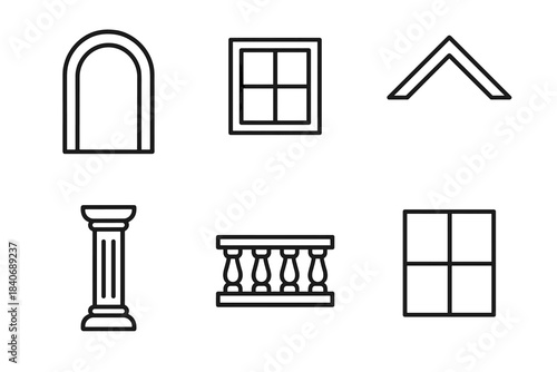 Architectural Outline Icons. Exterior Architecture Elements linear set: arch doorway, window frame, roof gable, stone column, balcony rail, façade panel.