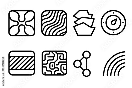 Algorithmic Art Icons. Artistic Computation Set linear set: generative shape plate, algorithmic stroke motif, procedural layering patch, variation-engine dial, rule-driven texture