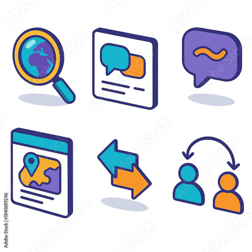 Intercultural Tools Icons. Intercultural context tools isometric flat set: culture lens, dialogue card, adaptation checklist, phrase nuance icon, regional guide page, context arrow
