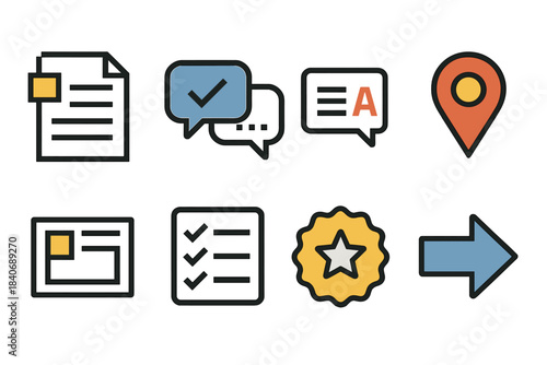 Localization Task Icons. Localization Task Icons set of icons in flat pixel vector style: source text card, translation entry, terminology snippet, cultural fit marker, layout fix