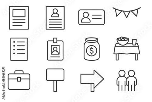Event Icons Pack. Neighborhood Event Materials linear set: info card, entry sheet, name label, event banner, program list, staff badge, support jar, snack table icon, event kit,