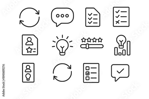 Feedback Icons Simplified. Feedback Process Set linear set: feedback arrows, comment bubble, review checklist, evaluation sheet, improvement spark, rating bar, suggestion card,