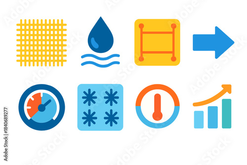 Vibrant Cooling Elements. System Cooling Elements flat set: condenser fin patch, coolant stream icon, thermal spreader plate, airflow vector arrow, heat removal gauge, cool-zone