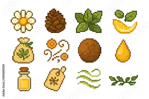Botanical Aroma Icons. Botanical Aroma Collection pixel style set: chamomile petal ring, cedarwood bead, mint sprig, lemon-mist curve, herbal blend pouch, floral breath symbol,