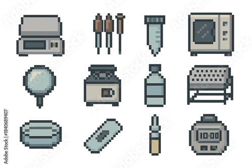 Laboratory Tools Icons. Laboratory Analysis Tools set of icons in flat pixel vector style: high-precision scale, pipette trio, centrifuge tube, incubator unit, spectro lens, PCR
