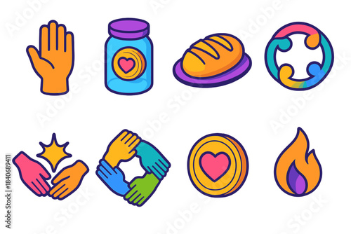 Charity Unity Icons. Charitable Unity Collection isometric flat set: volunteer hand, donation jar, communal bread, unity emblem, support spark, group hands circle, kindness token,