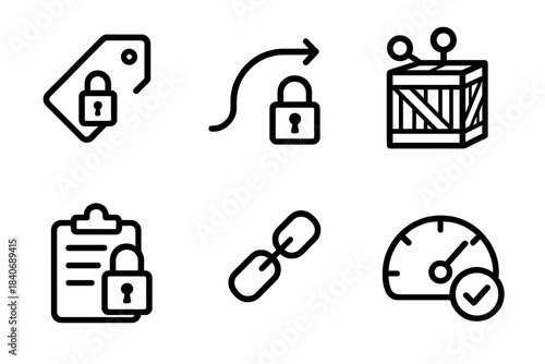 Secure Logistic Icons. Secure Data-Linked Logistics linear set: encrypted shipment tag, secure route arrow, data-linked crate, tracking lock icon, chain-of-custody tile, integrity