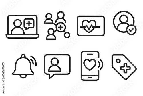 Telemedicine Icon Set. Telemedicine frameworks linear set: remote screen tile, care node cluster, vitals strip, consult badge, reminder cue, message bubble, monitoring beam,