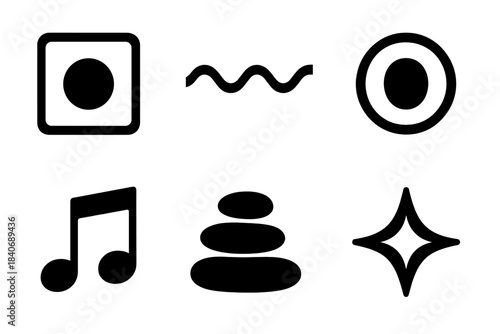 Brutalist Icon Collection. Inner Stability Set silhouette set: centered core icon, calm wave, protective boundary line, perspective lens, steady rhythm circle, supportive note,