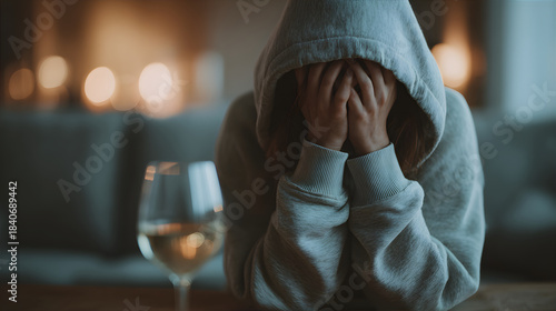 Woman suffering from hangover or alcohol addiction, covering her face in despair with a glass of wine nearby. Emotional distress concept.