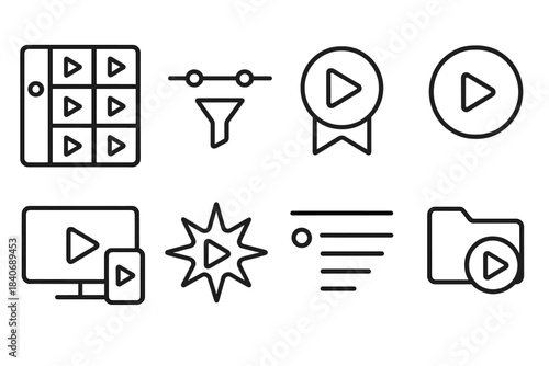 Streaming Interface Icons. Content Streaming Modes Set linear set: stream navigation grid, category filter bar, watchlist token, playback session ring, multi-device play panel,