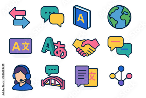 Multilingual Communication Icons. Multilingual Communication isometric flat set: translation arrows, speech bubble pair, language book, globe icon, phrase card, alphabet symbols,