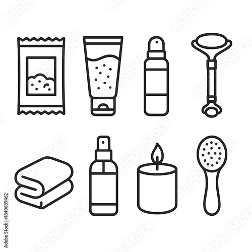Home Spa Essentials. Home pampering tools linear set: mineral soak packet, exfoliating scrub tube, oil roller, facial wand, cozy towel, aroma spray, candle cup, cleanser brush.