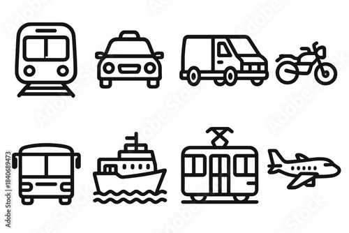 Iconic Transport Silhouettes. Mobility Systems Set linear set: metro train, taxi cab, delivery van, motorcycle, airport shuttle, ferry boat, tram car, cargo plane.