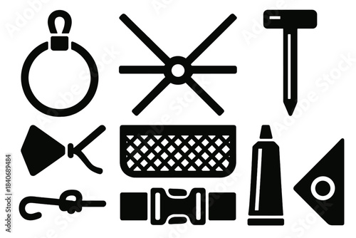 Brutalist Tent Icons. Outdoor tent components silhouette set: elastic cord, pole hub, stake driver, wind tie-out, mesh pocket, seam sealer tube, strap buckle, corner grommet.