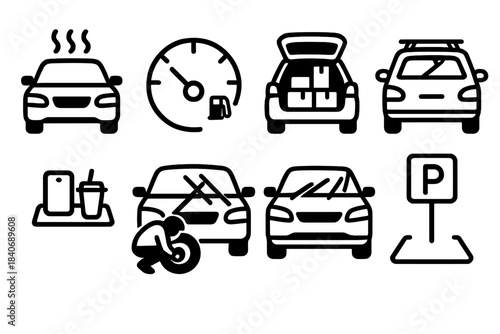 Vehicle Icons Collection. Everyday Vehicle Moments linear set: morning warm-up icon, fuel gauge, trunk load, roof rack, dash organizer, clean windshield, tire check, parking spot