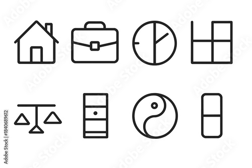 Icons of Work-Life Harmony. Work–Life Balance linear set: home icon, briefcase symbol, divided clock, routine grid, boundary line, balanced scale, time block, harmony circle.