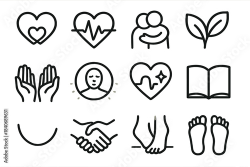 Icons of Connection. Emotional Connection linear set: heart link, soft glow, shared heartbeat line, warm embrace icon, gentle leaf pair, caring hands, calm aura, empathy spark,
