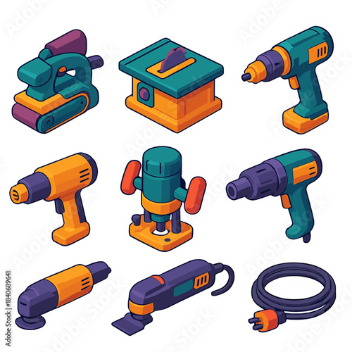 Colorful Power Tool Icons. Workshop power equipment flat isometric set: belt sander, table saw tile, miter saw, drill driver, heat gun, router tool, oscillating multi-tool, power