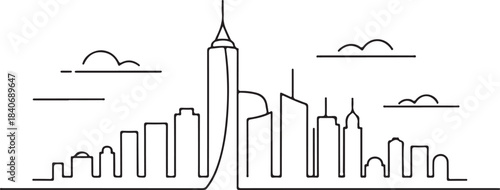Continuous Line Skyline with Curved Forward Leaning Towers Minimal Artistic Illustration