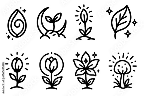 Mythic Plant Life Icons. Mythic life cycle icons linear set: arcane seed kernel, moonlit sprout, glowing stalk, enchanted leaf stage, radiant bud, soft-halo bloom, sparkling flower