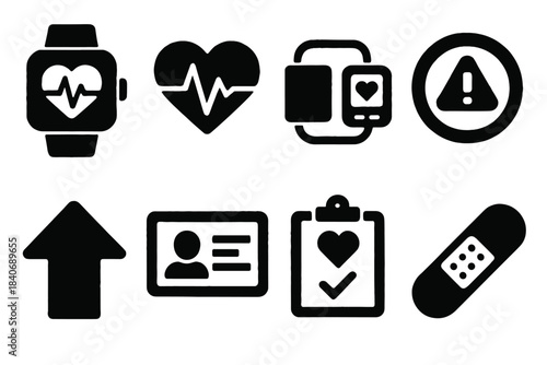 Bold Health Tech Icons. Preventive Health Tech Set silhouette set: wearable health device tile, heart-rate sensor node, blood pressure monitor bar, predictive alert ring, biometric