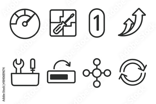 Lifecycle Extension Icons. Lifecycle extension concepts linear set: durability gauge, modular repair tile, longevity marker, upgrade path arrow, maintenance kit icon, renewal cycle