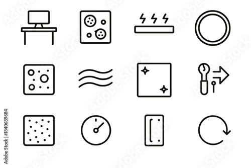 Tech Lab Symbols. Tech Lab Hygiene Spaces linear set: workstation tile, HEPA node, anti-static bar, equipment cover ring, sensor cluster patch, airflow stripe, clean panel, tool